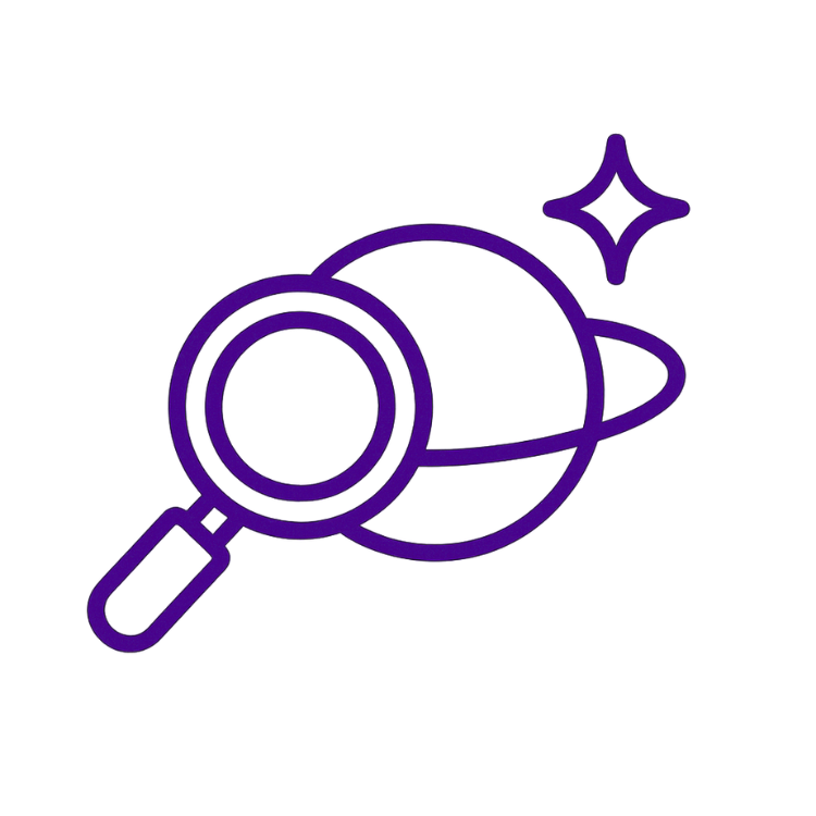 A planet and a magnifying glass, minimalist.